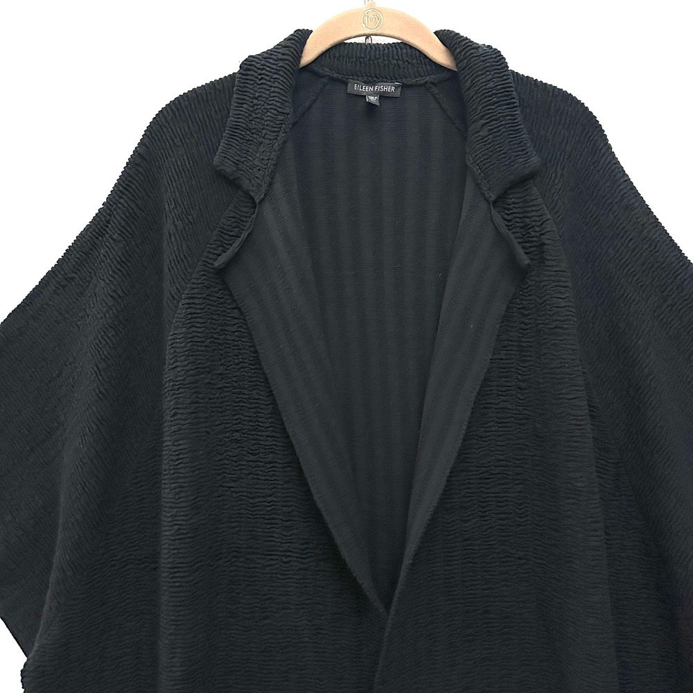 Eileen Fisher XL Silk Blend Textured Crinkle Open Front Cardigan Jacket Black - Picture 2 of 10